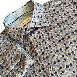 Bugatchi Button Down Shirt Mens L Blue Geometric 8-Way Stretch Long Sleeve